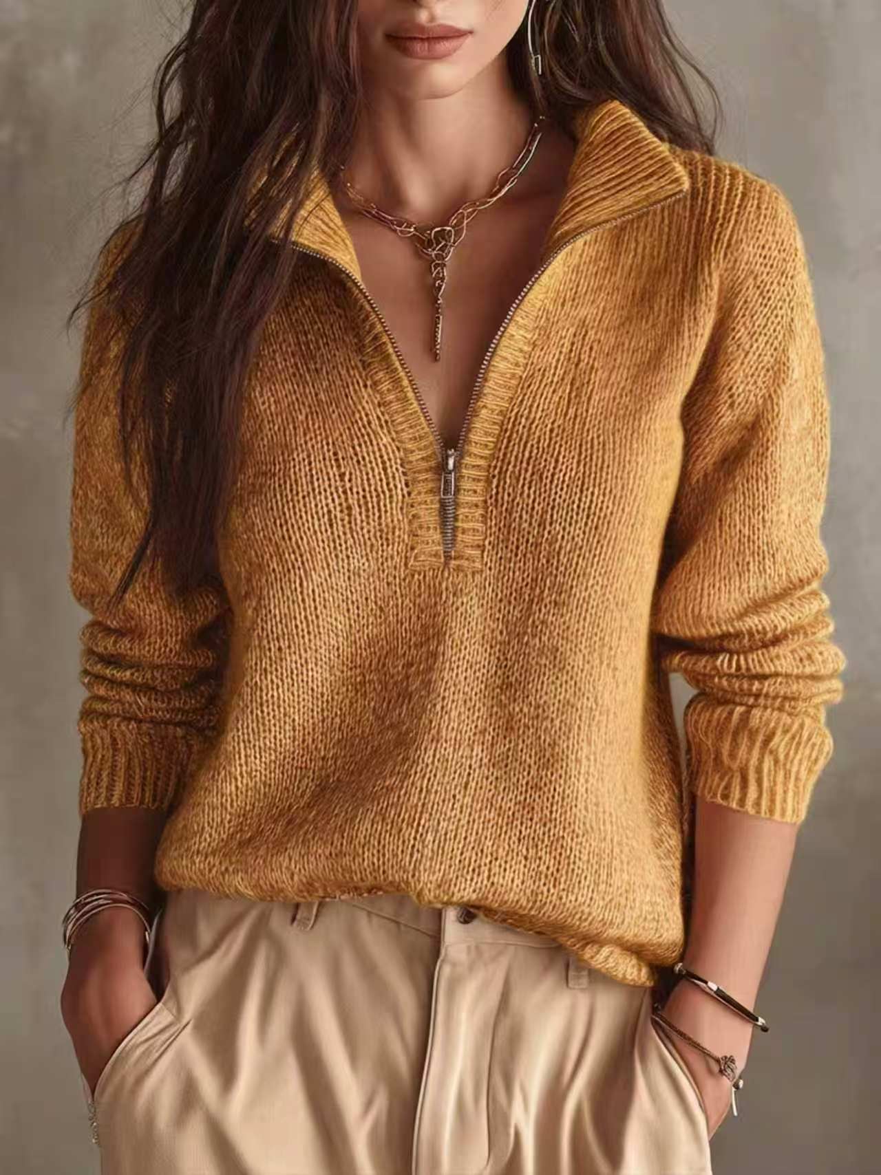 Slim-Fit Half-Zip Knit Sweater Solid Color Long Sleeve