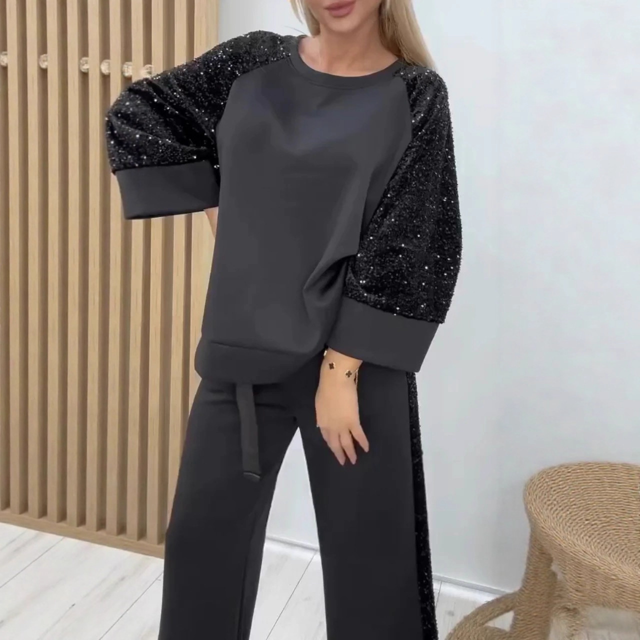 Sequin Patchwork Long-Sleeve Crewneck Sweatshirt & Pants Set