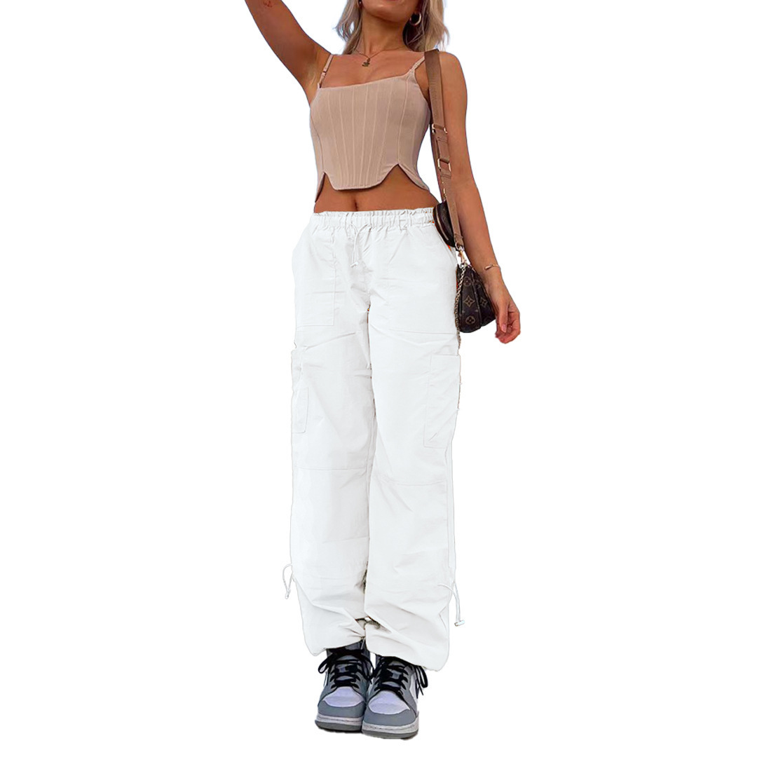 Women's Loose Drawstring Straight-Leg Cargo Pants with Pockets