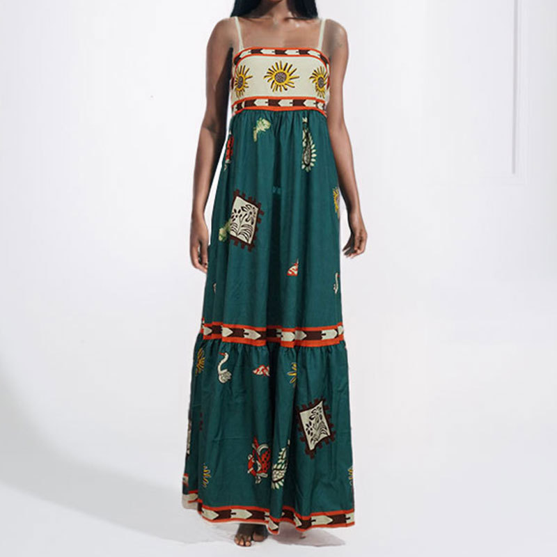 Sexy Spaghetti Strap Floral Print A-Line Maxi Dress
