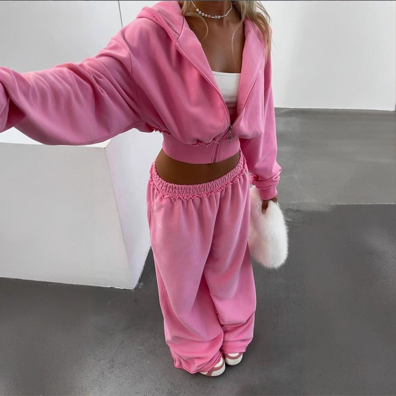 Women's Casual Two-Piece Set Long Sleeve Zip Hoodie & Raw Hem Pants