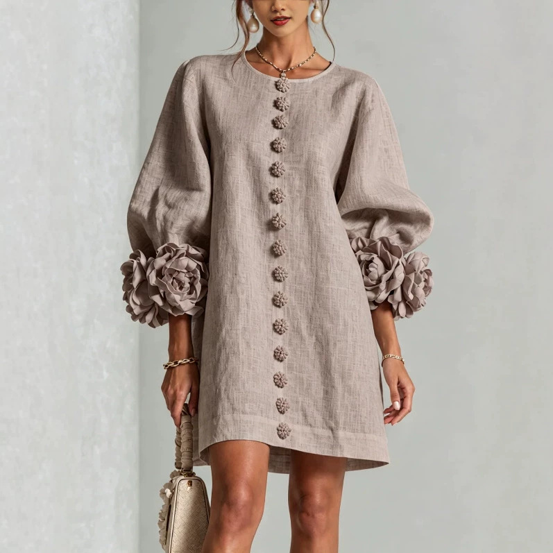 French-Style 3D Floral Lantern-Sleeve Solid Dress with Round Neck and Button Front