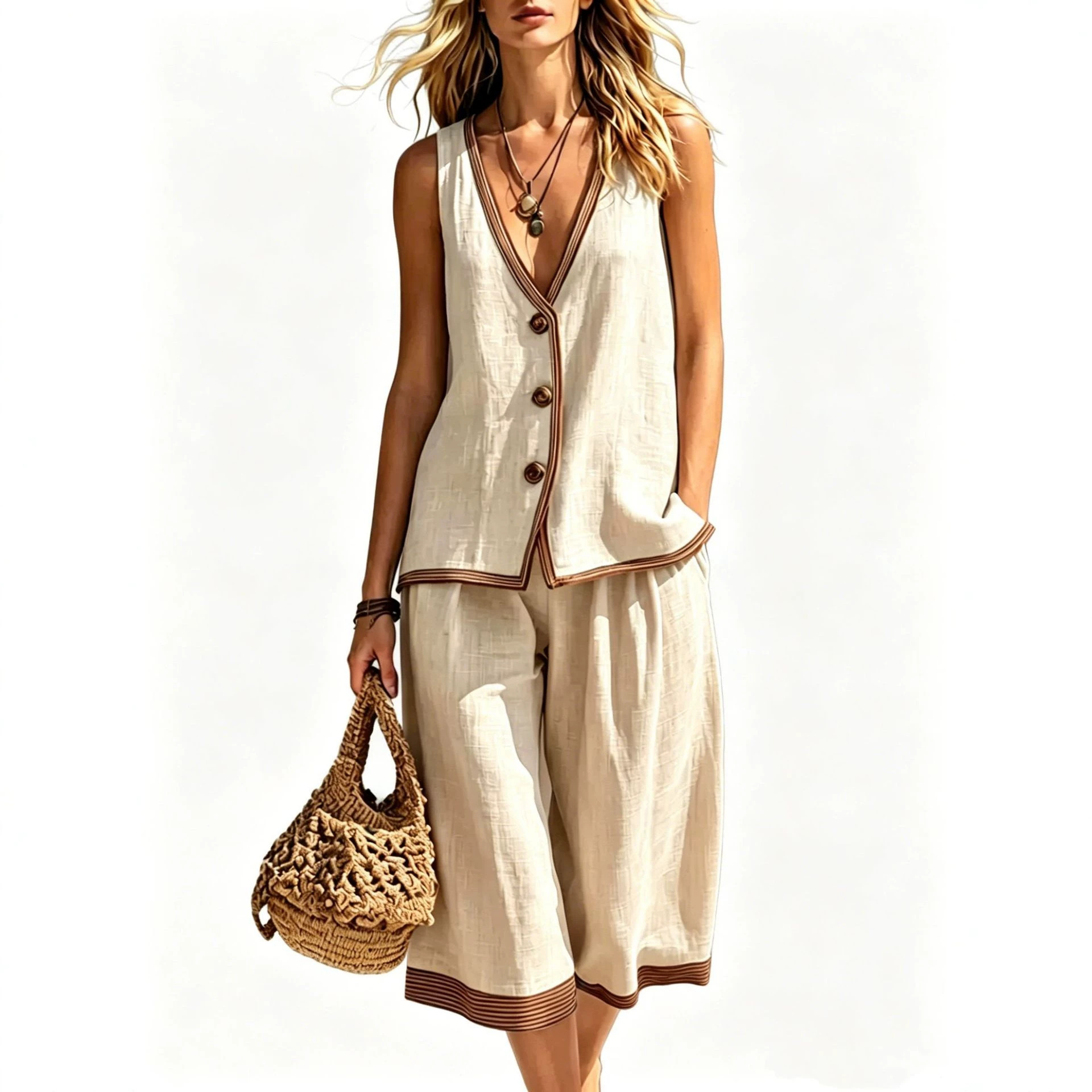 Women's Summer Button Tank Top & Shorts Set Casual Commuter