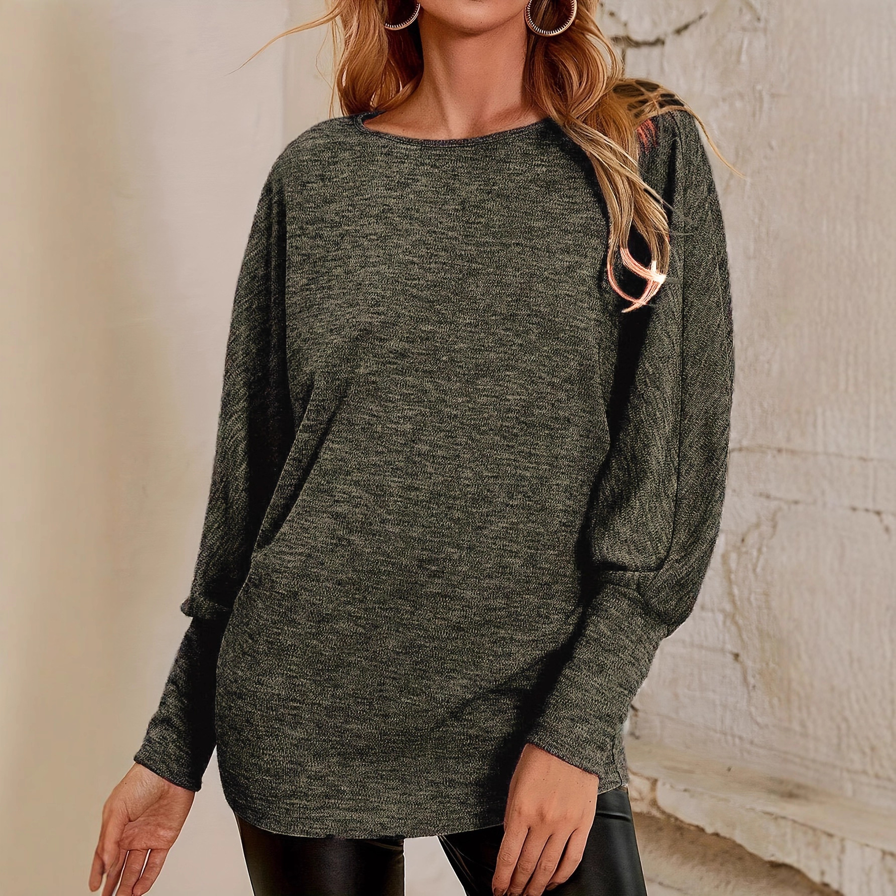 Women's Solid Crewneck Long Sleeve Batwing T-Shirt Casual Loose Fit