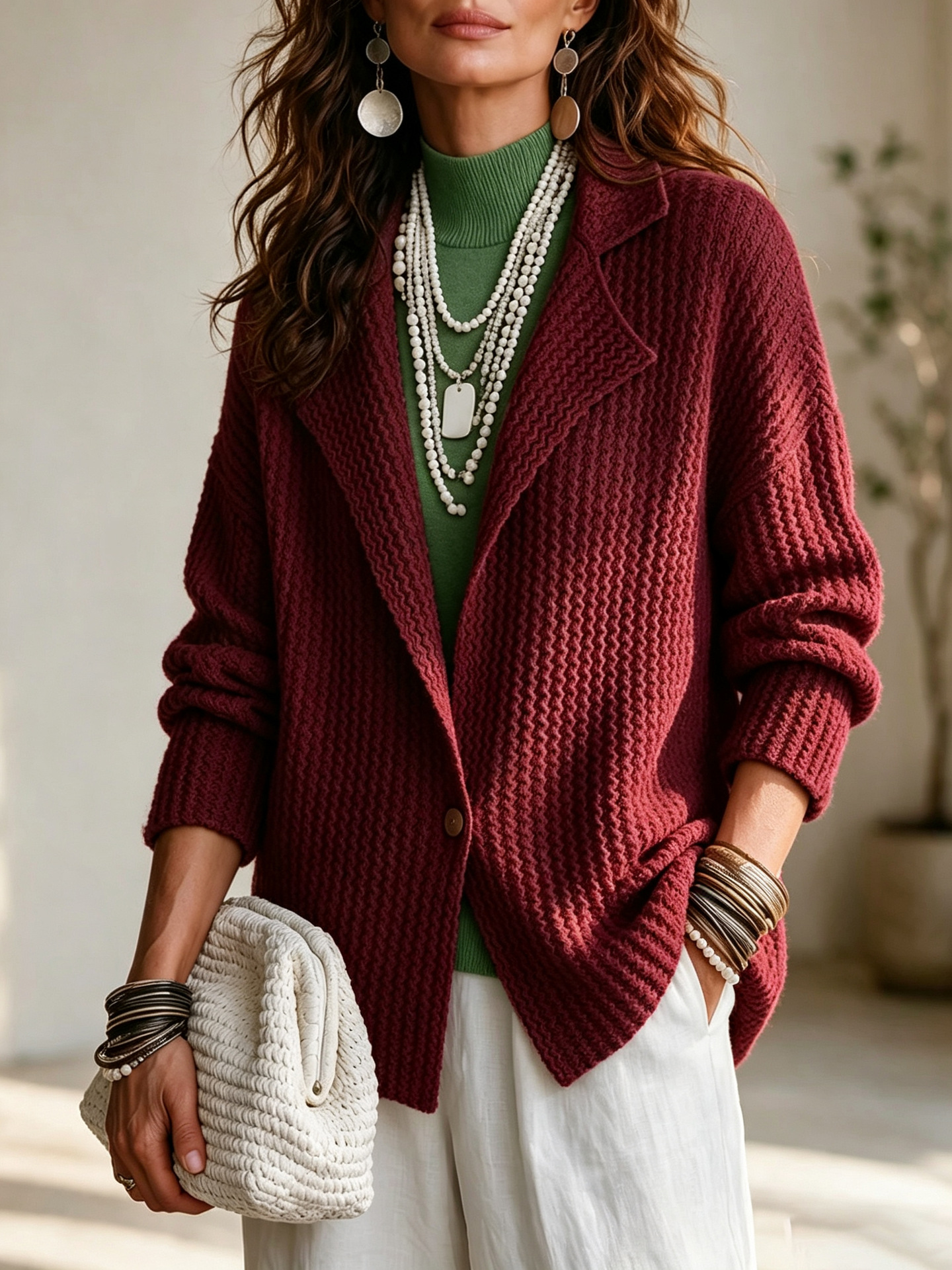 Women's Textured Knit Cardigan with Blazer Collar Single Button Loose Fit