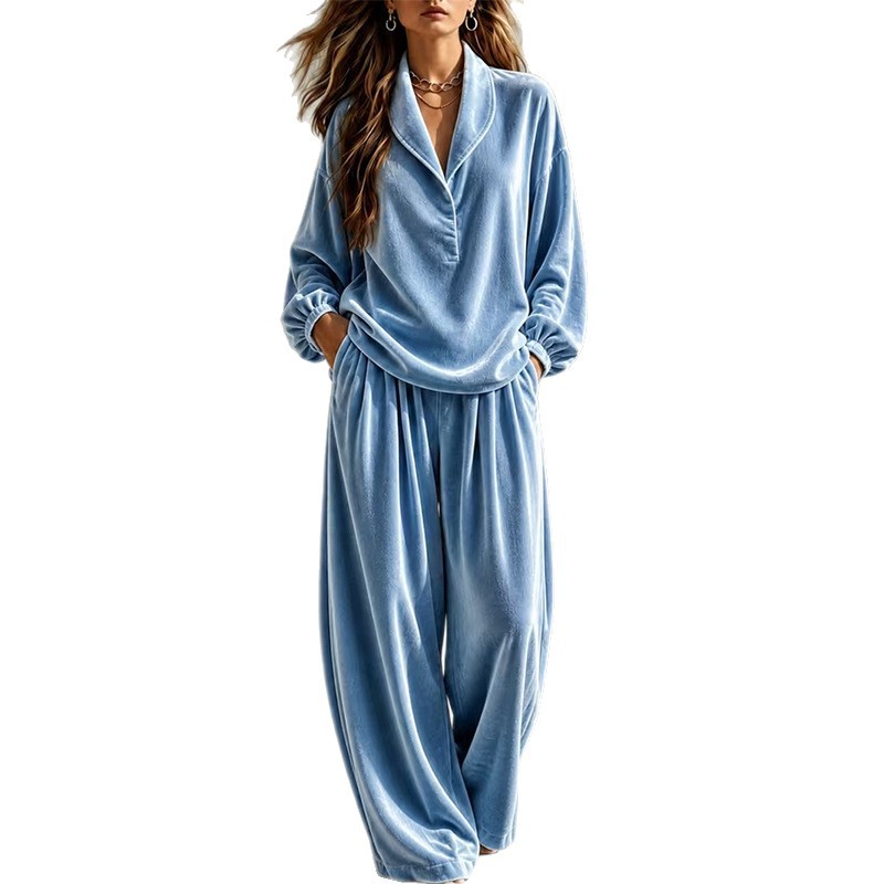 Women's Two-Piece Long Sleeve Collared Top and Wide-Leg Pants Set
