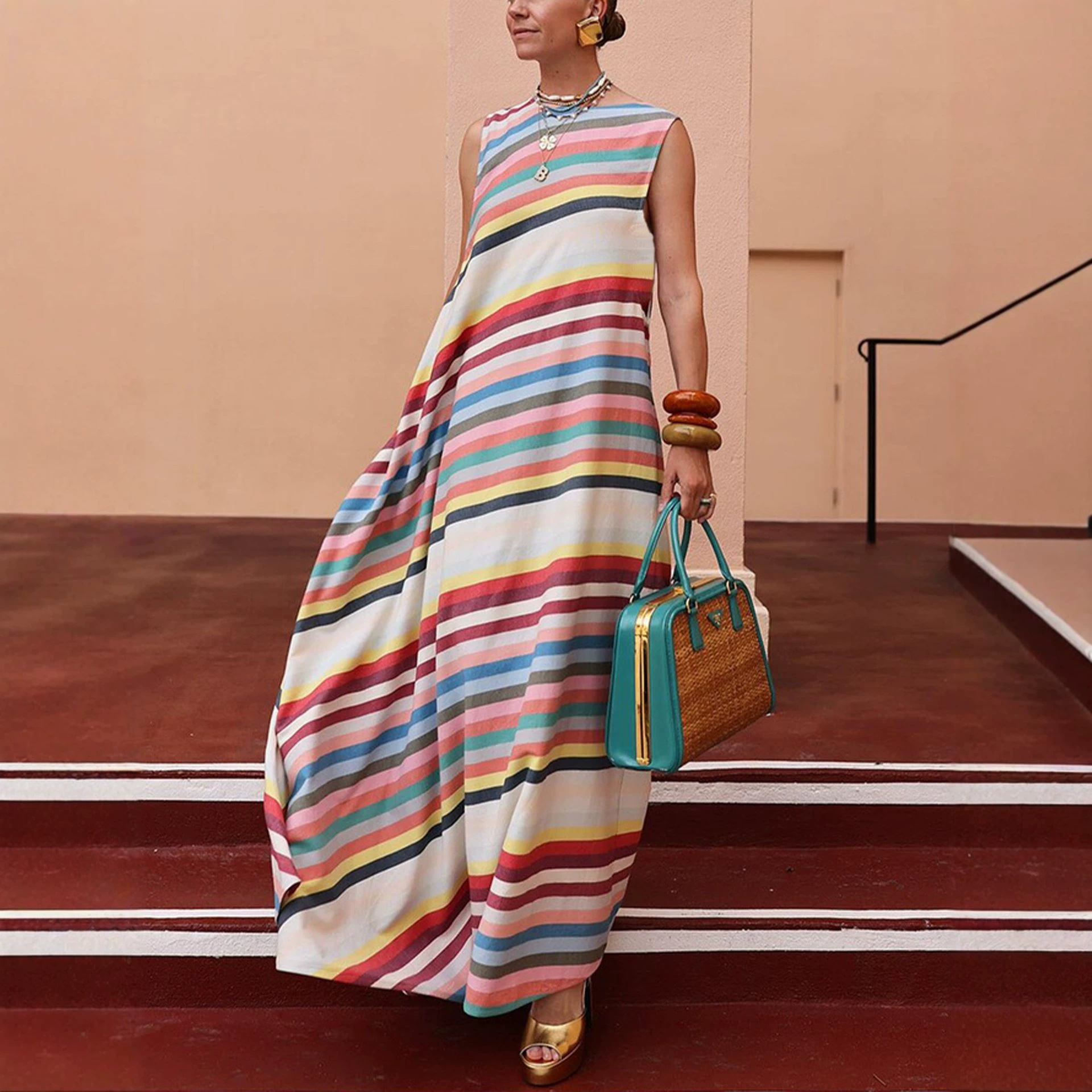 Striped Print Round Neck Long Dress