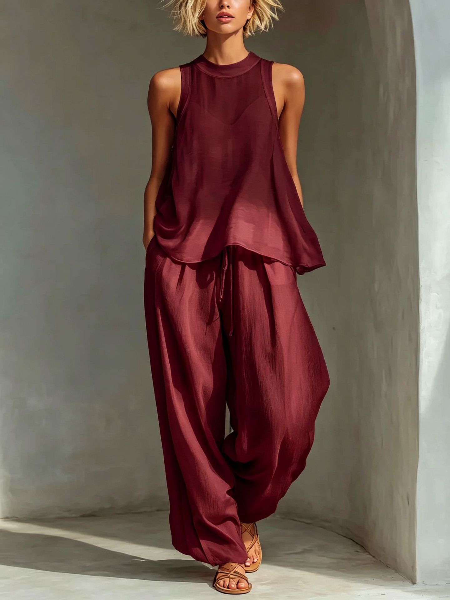 Sheer Sleeveless Drawstring Top & Wide-Leg Pants Set