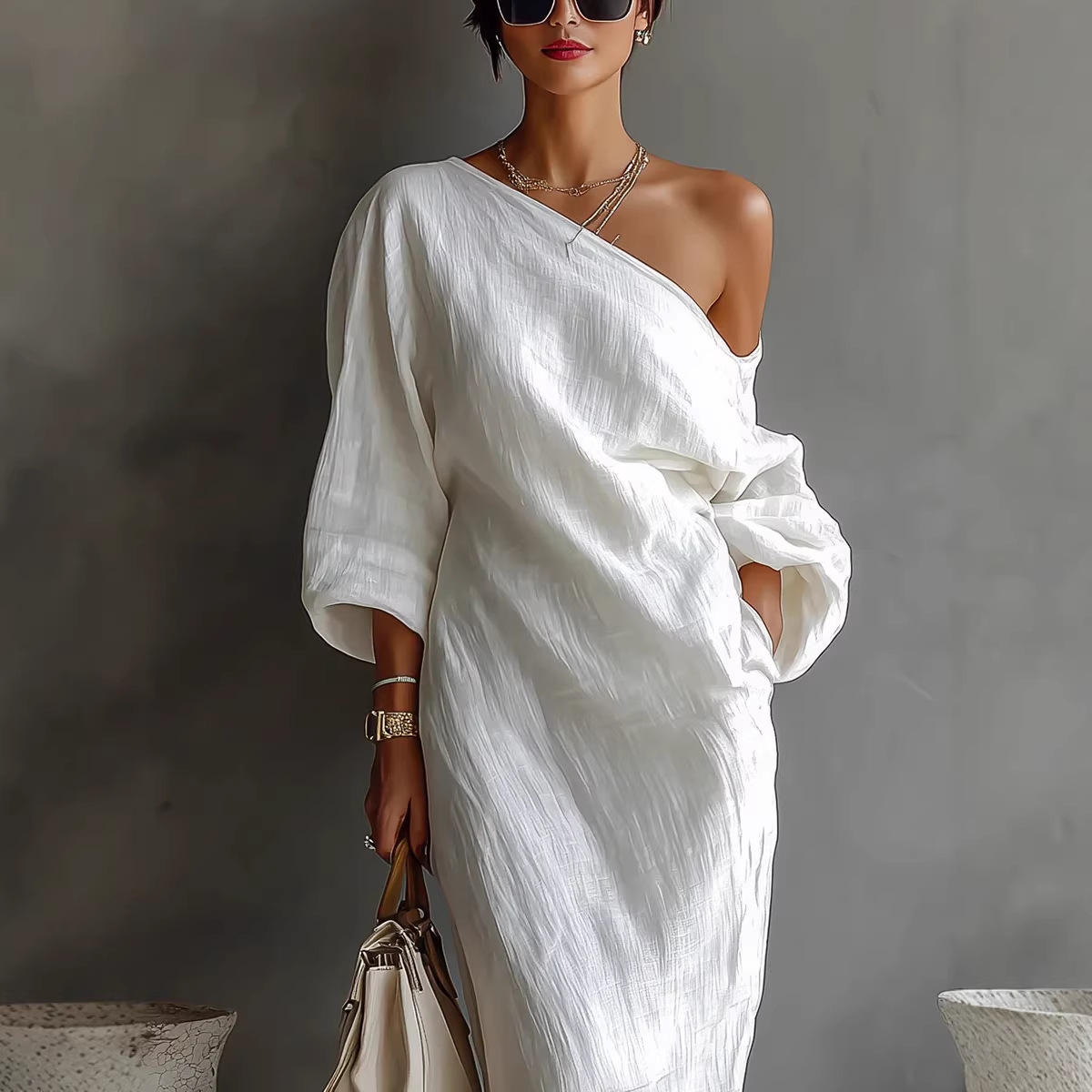 Women's Asymmetric One-Shoulder Long Dress with Pleated Detail