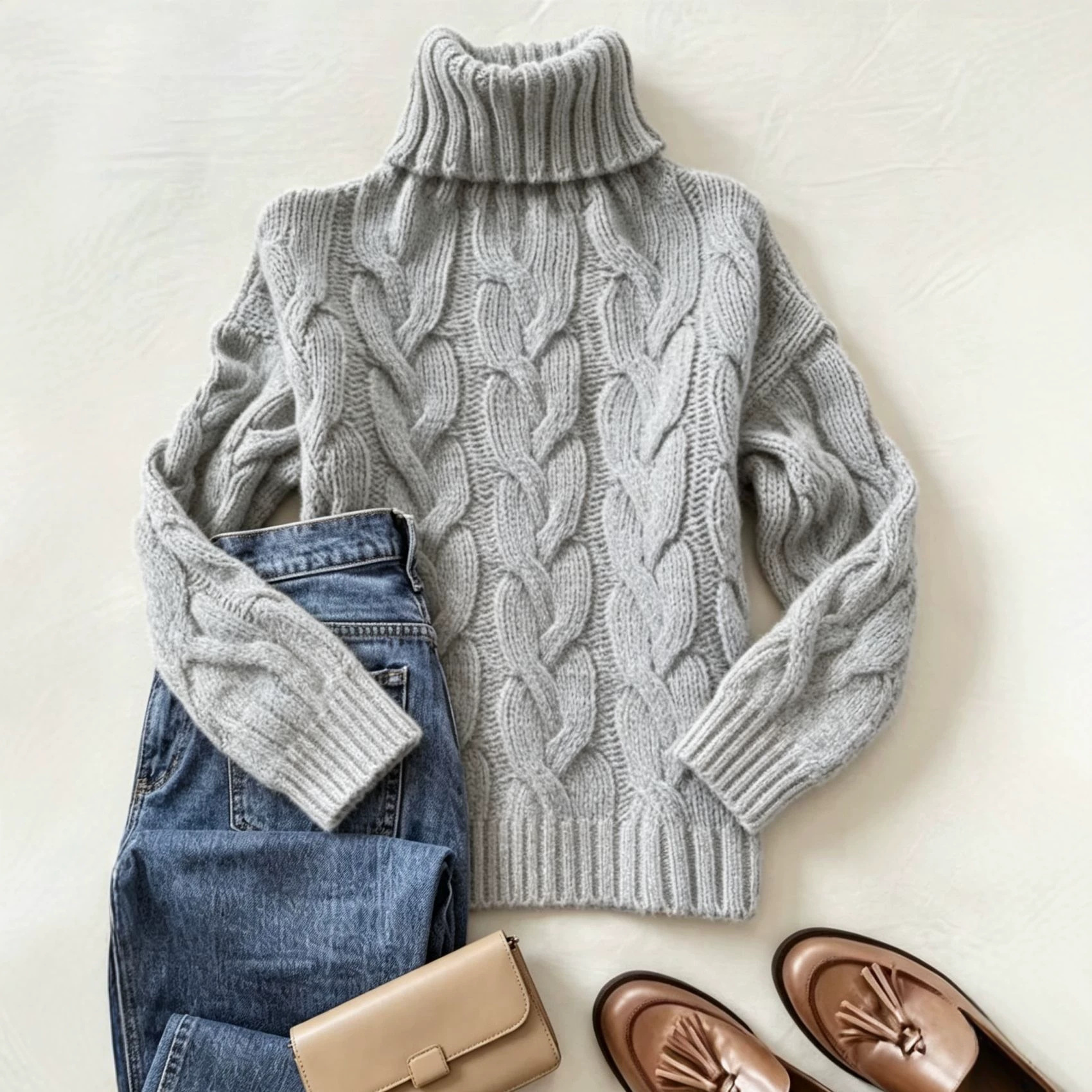 Cable-Knit Turtleneck Long-Sleeve Pullover Sweater