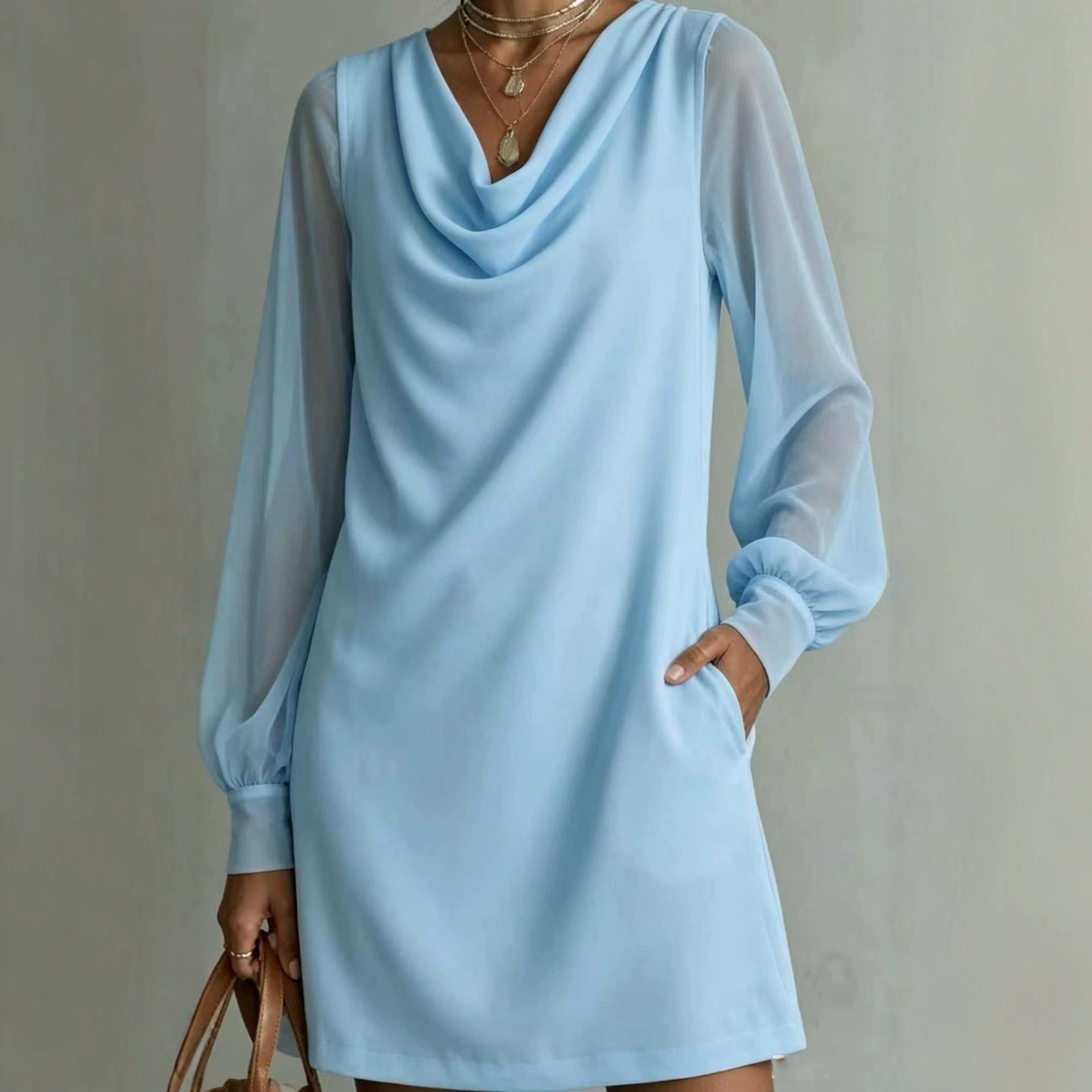 Women's Cowl Neck Sheer Mesh Long Sleeve Dress with Pockets