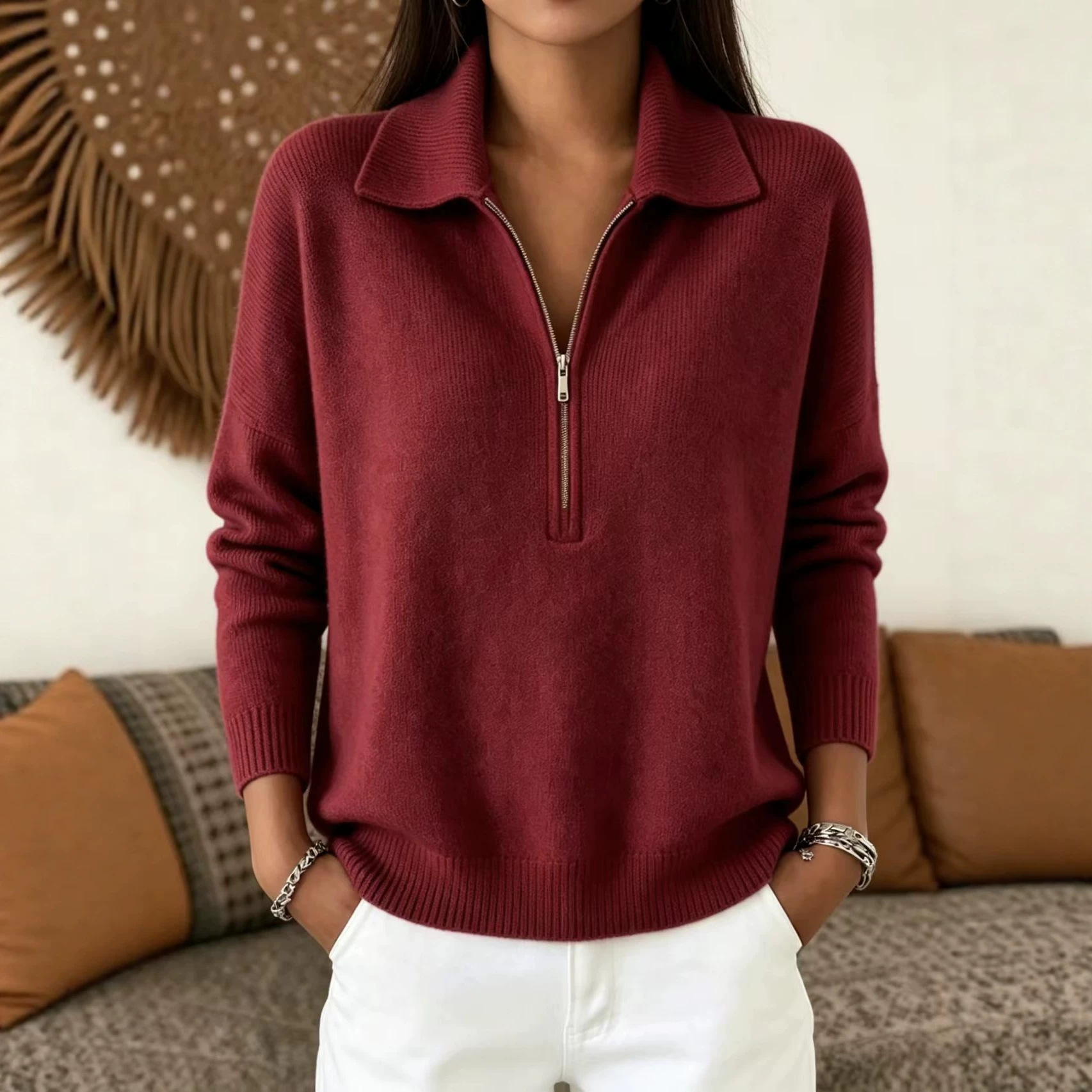 Women's Solid Color Half-Zip Polo Collar Pullover Sweater