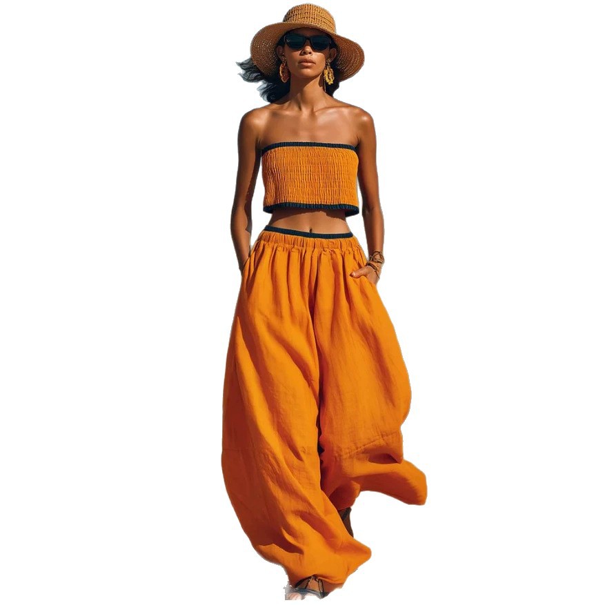 Color-Block Smocked Top & Wide-Leg Pants Set