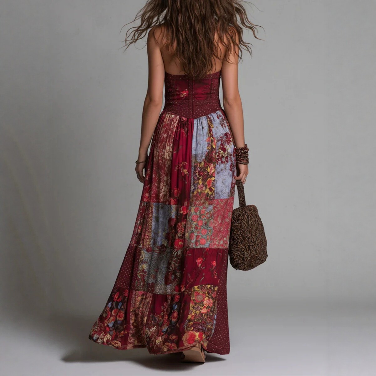 V-Neck Waist-Cinching Ruffle Floral Midi Dress