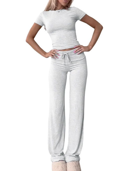 Women's Solid Color Short Sleeve Top & Long Pants Two-Piece Set
