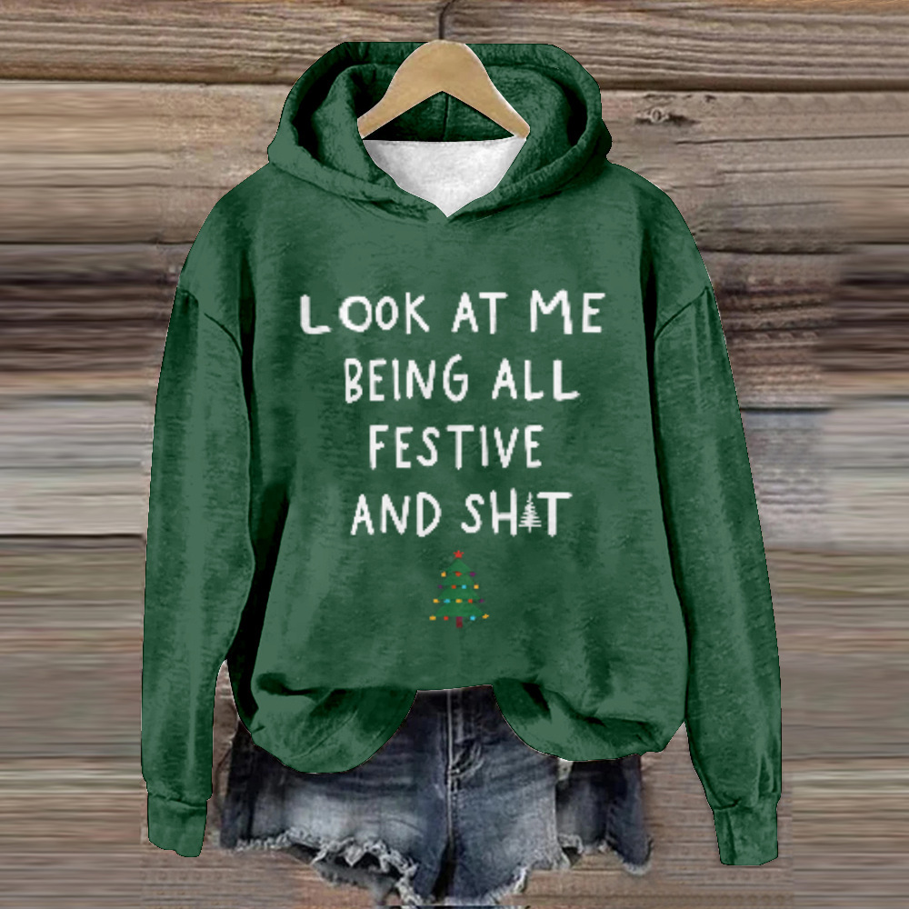 Women's Letter Snowman Christmas Reindeer Wine Glass Print Hoodie