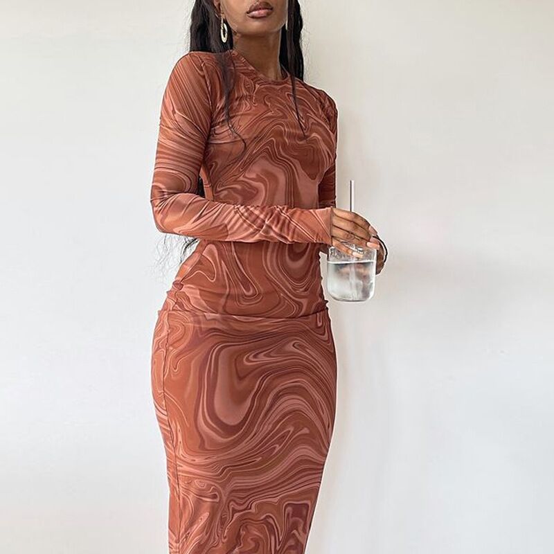 Women's Long Sleeve Round Neck Print Midi Sheath Dress