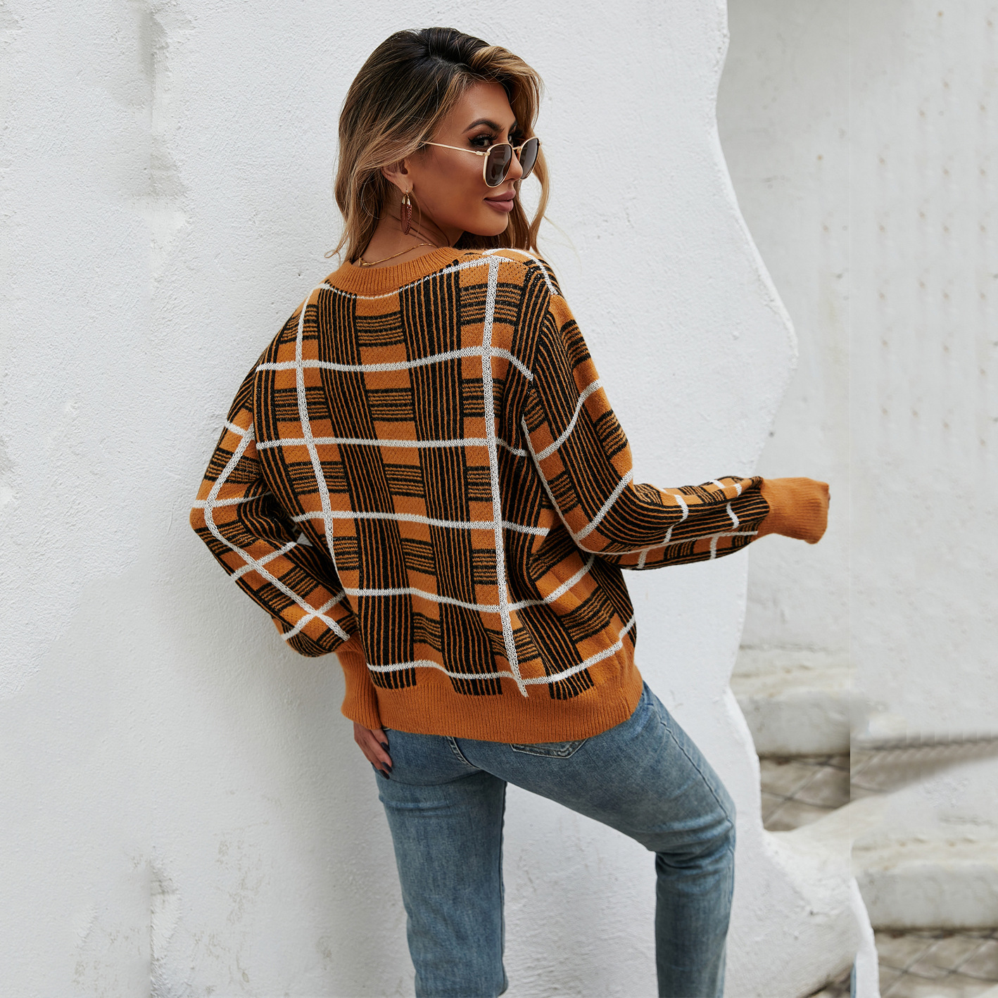 Plaid Pullover Sweater Women's Crewneck Long Sleeve Knit Top