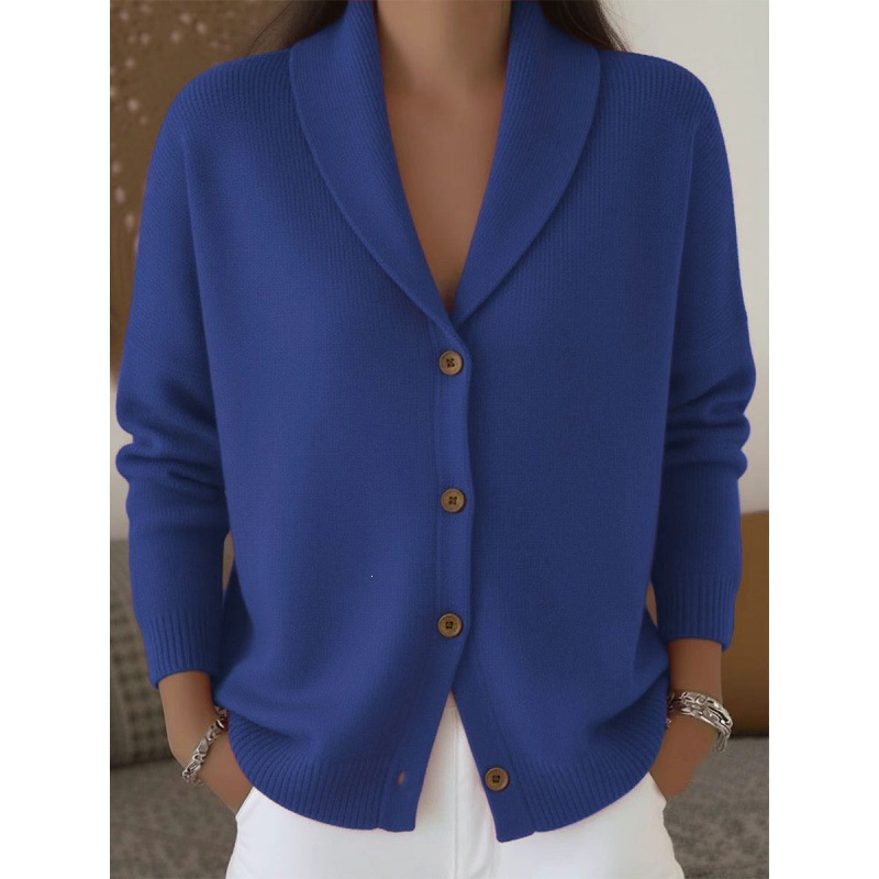 Women's Soft Knit Cardigan Loose Lazy Style Collared Button-Down Long Sleeve Solid Color