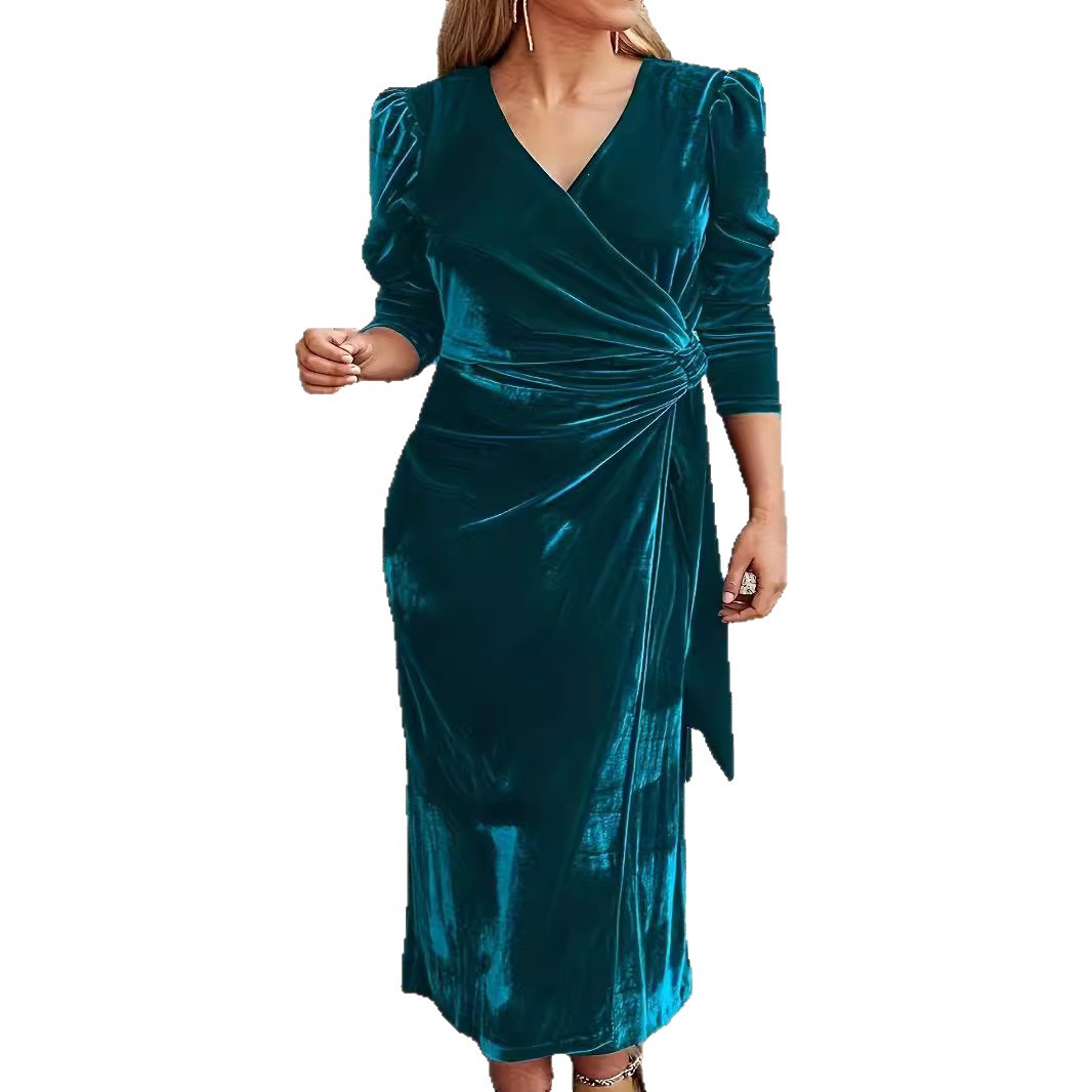 V-Neck Long Sleeve Solid Color Bodycon Dress