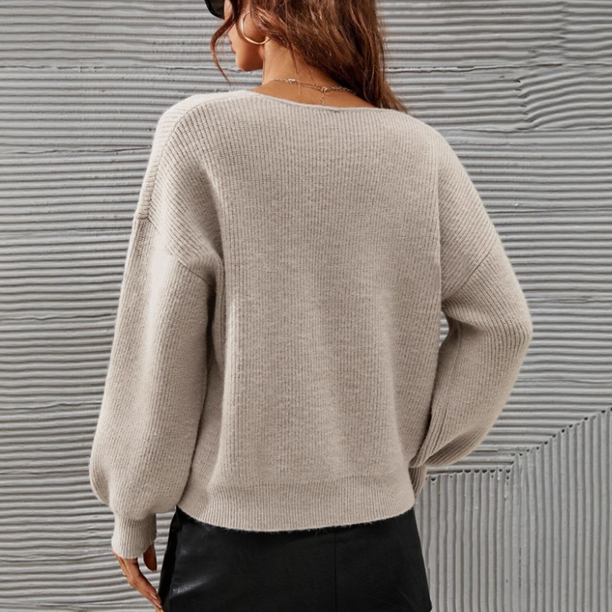 V-Neck Long-Sleeve Solid Knit Sweater
