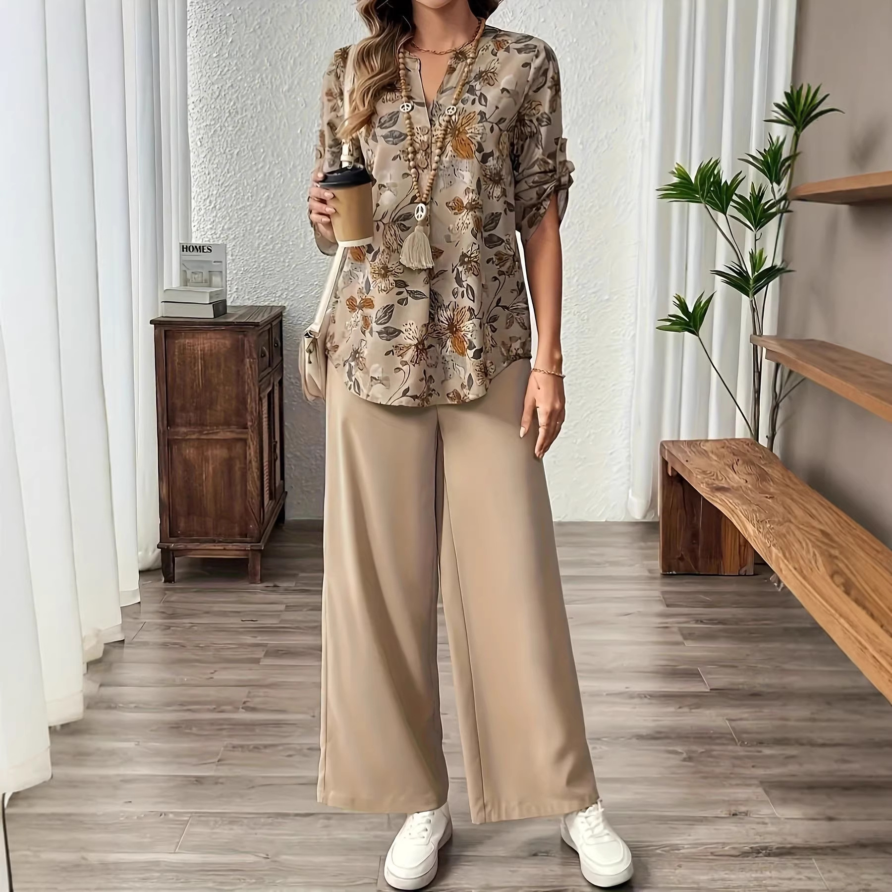 Khaki Floral Print High-Waist Wide-Leg Shirt and Pants Set