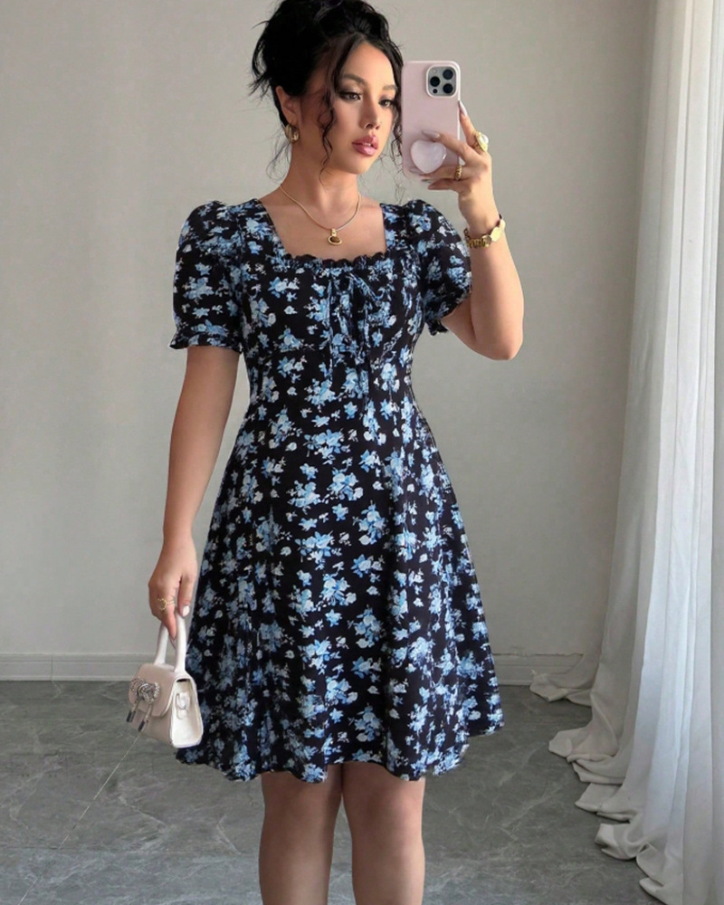 Women's Floral Print Square Neck Tie-Waist Short Dress