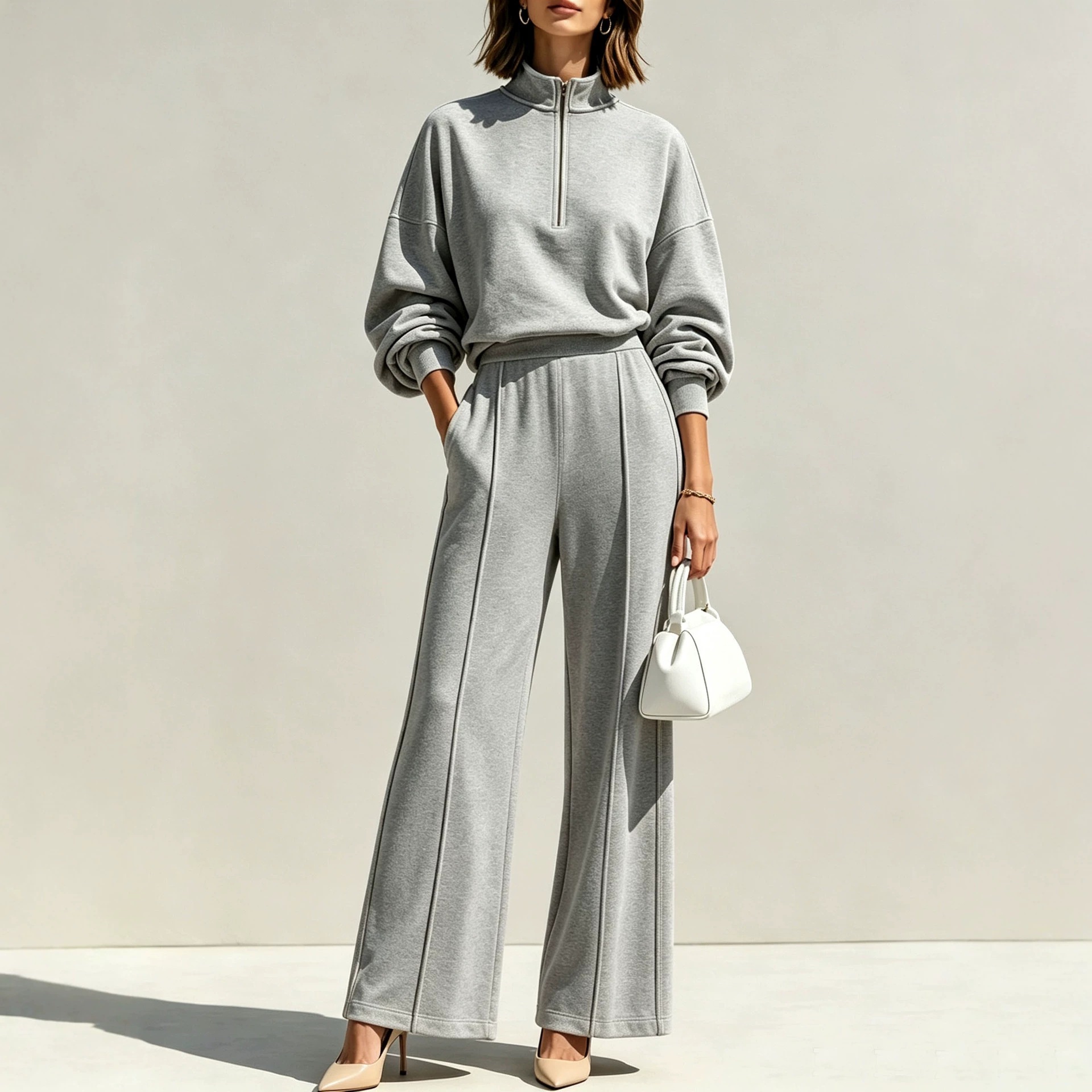 Women's Two-Piece Half-Zip Stand Collar Sweatshirt and High-Waist Wide-Leg Pants Set