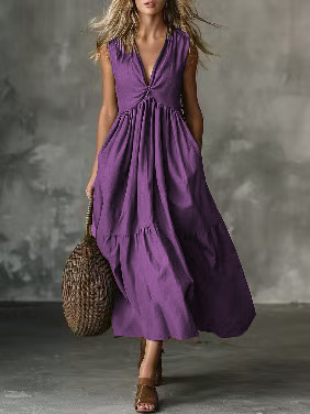 Solid Sleeveless Deep V-Neck A-Line Maxi Dress