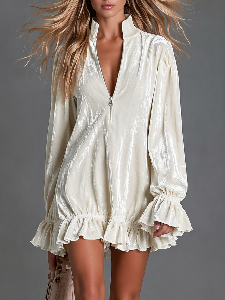 Velvet Half-Zip Stand Collar Bell Sleeve Babydoll Dress