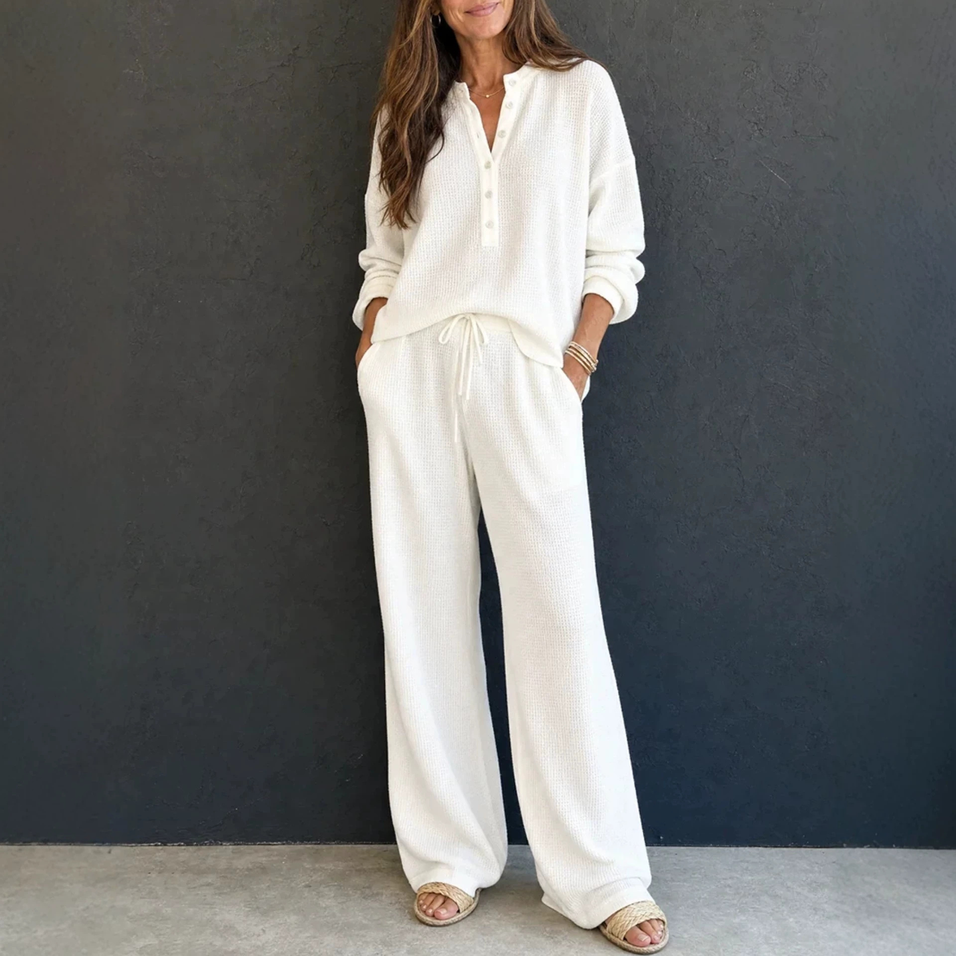 Women's Waffle Knit Long Sleeve Top & Wide Leg Pants Set Solid Color