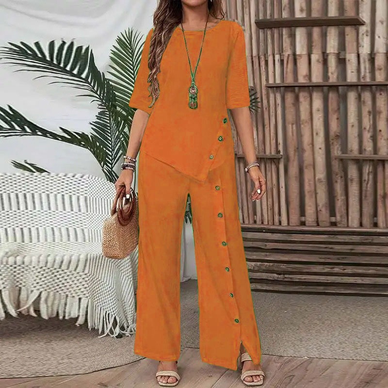 Women's Asymmetrical Hem Button Half-Sleeve Shirt and Pants Set