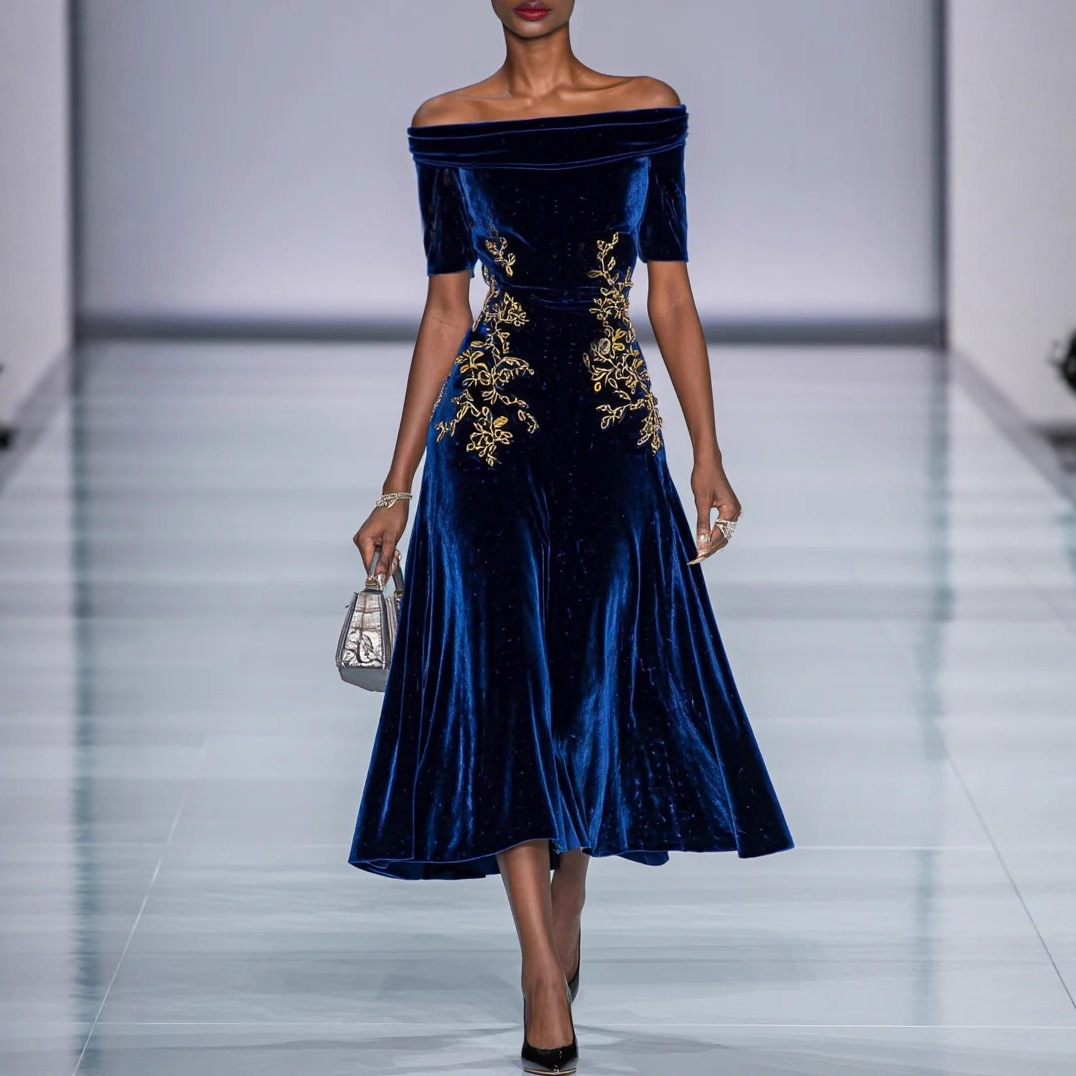 Embroidered Off-Shoulder High-Waist Midi Dress