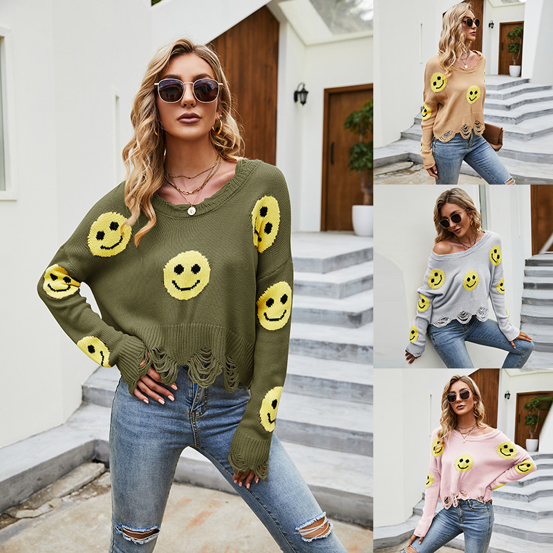 Women's Distressed Smiley Face V-Neck Knit Sweater