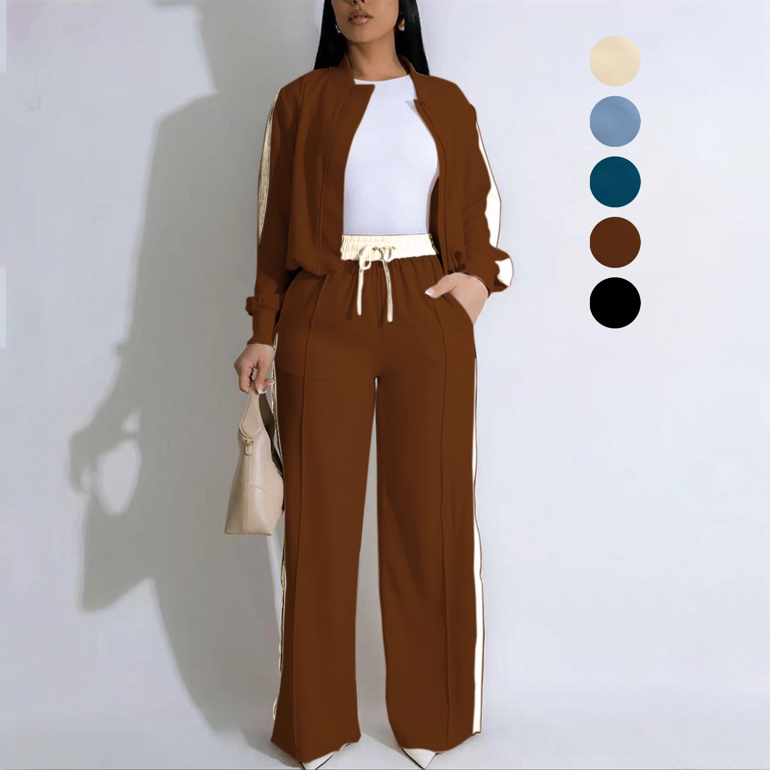 Women's Casual Ribbon Long Sleeve Wide Leg Pants Set