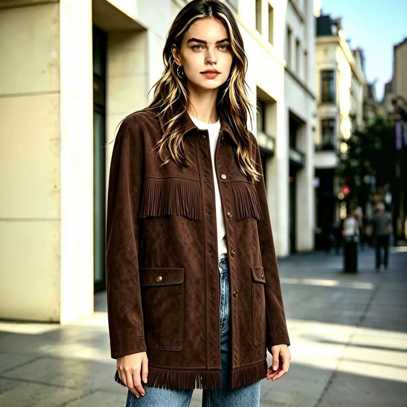 Fringe Faux Suede Jacket Women's Western-Style Collared Snap-Front Mid-Length Casual Coat