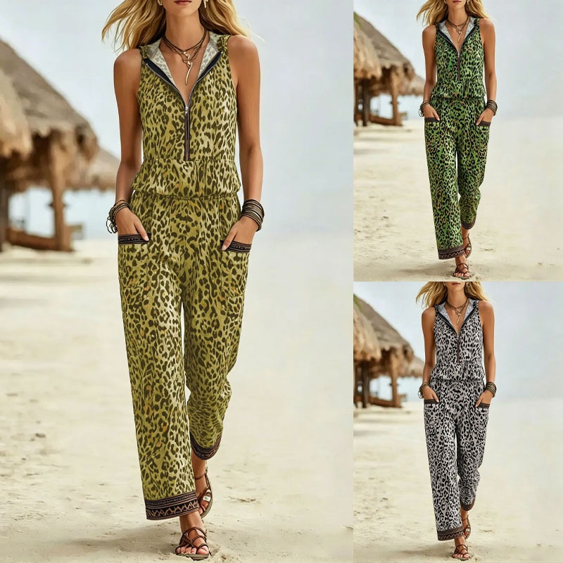 Leopard Print Sleeveless Hooded Vest & Wide-Leg Pants Set with Side Pockets
