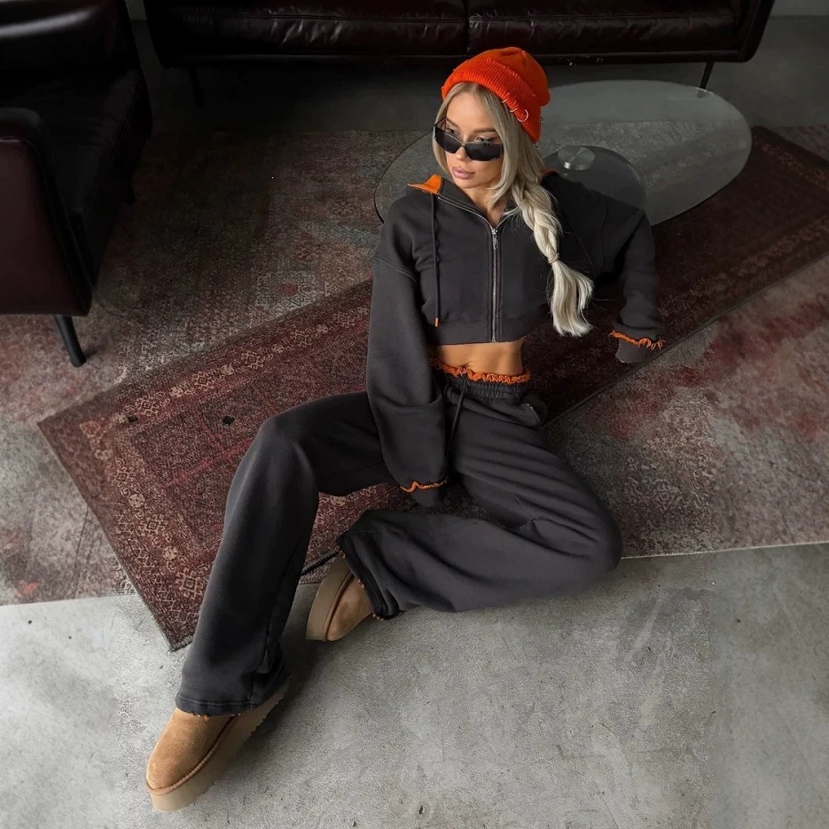Color-Block Faux Fur Trim Long Sleeve Jacket and Tie-Waist Pants Set