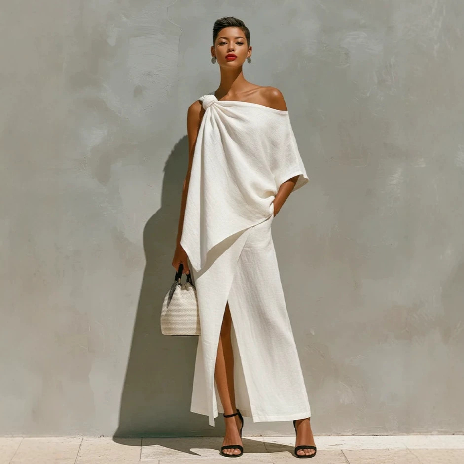 Women's Solid Color One-Shoulder Knot Front Slit Irregular Two-Piece Set