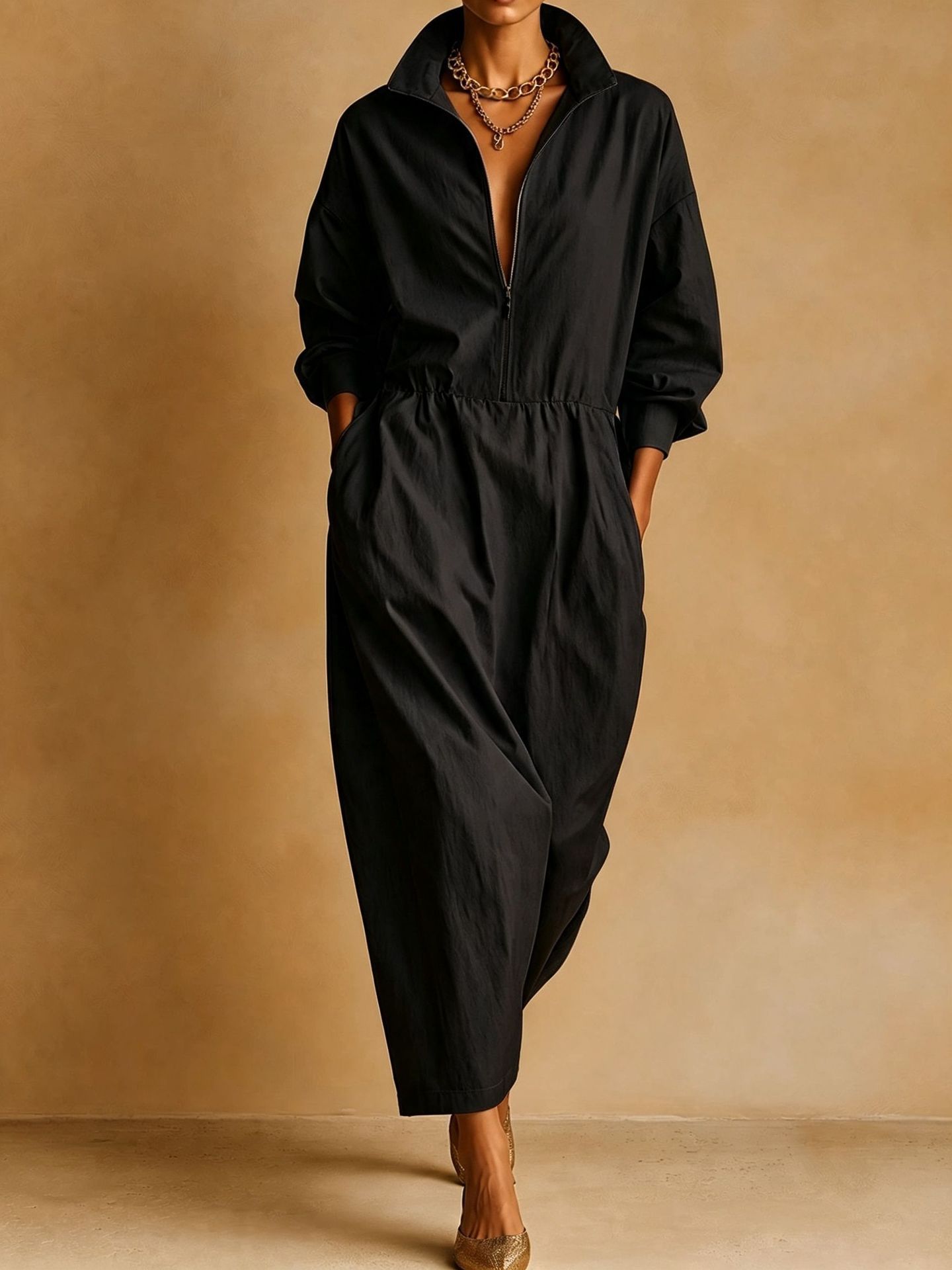 Women's Stand Collar Loose Pocket Midi Dress
