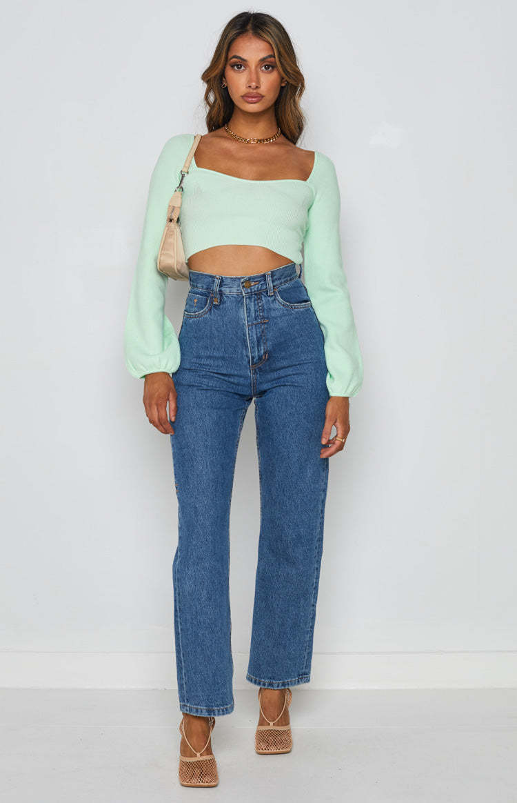 Retro Square-Neck Open-Back Knit Top with Puff Sleeves