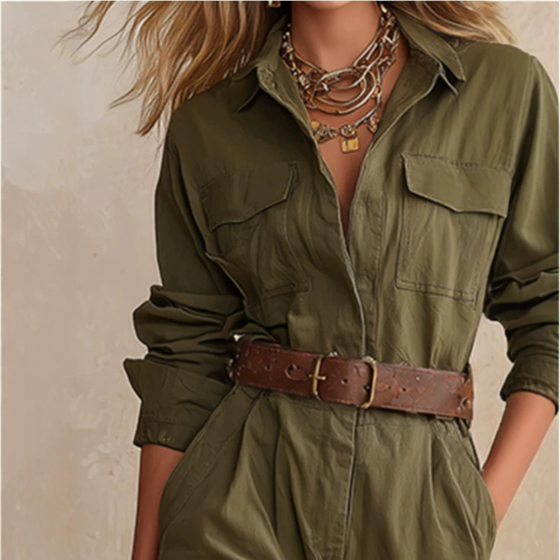 Vintage Army Green Multi-Pocket Jumpsuit
