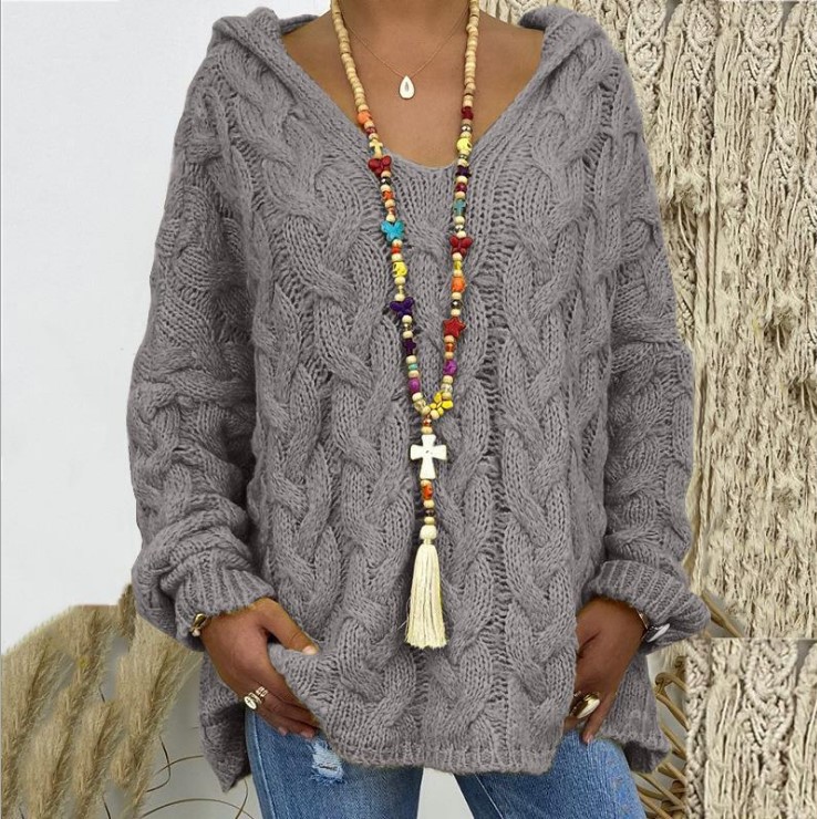 Women's Cable-Knit Hooded Sweater, Pure Color Pullover