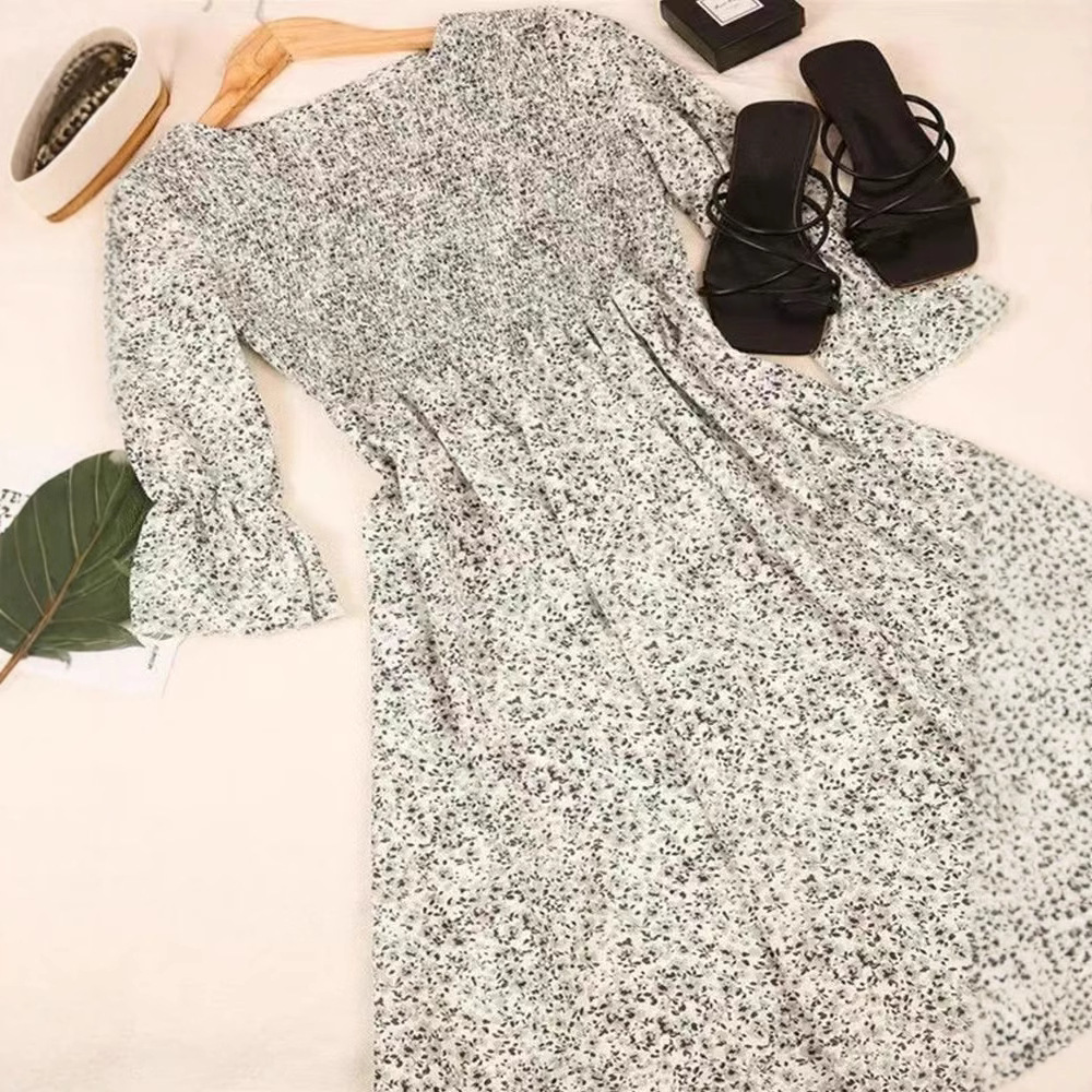 Women's Summer Floral Print Midi Dress Round Neck High Waist