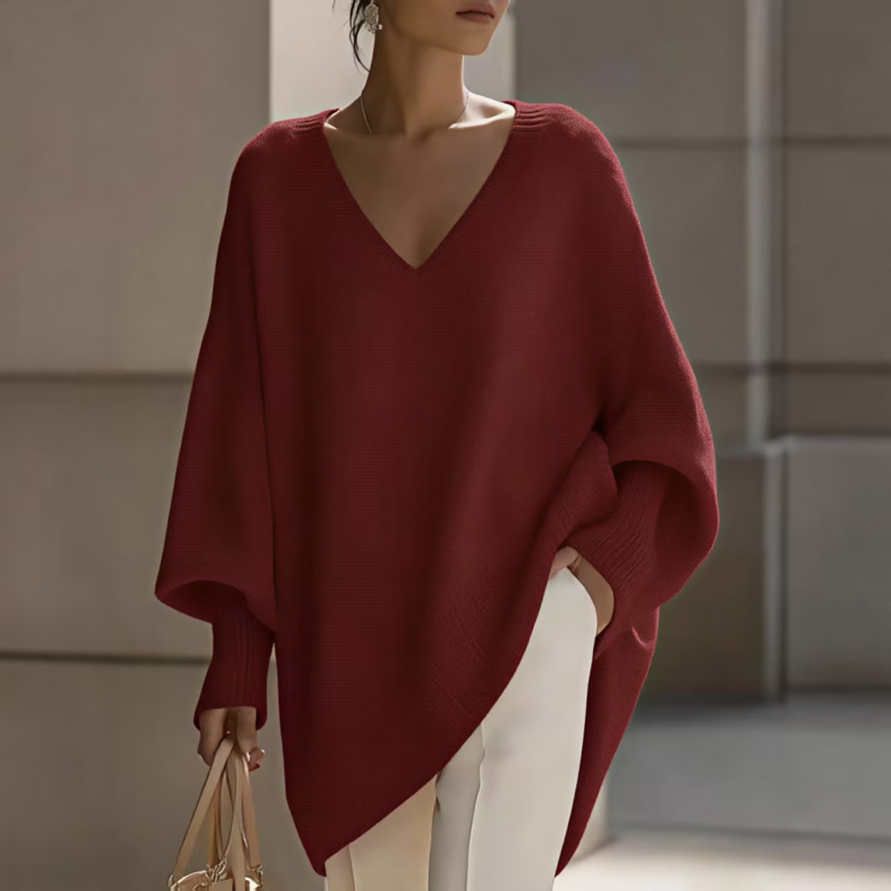 Solid V-Neck Lantern Sleeve Loose Knit Sweater for Women