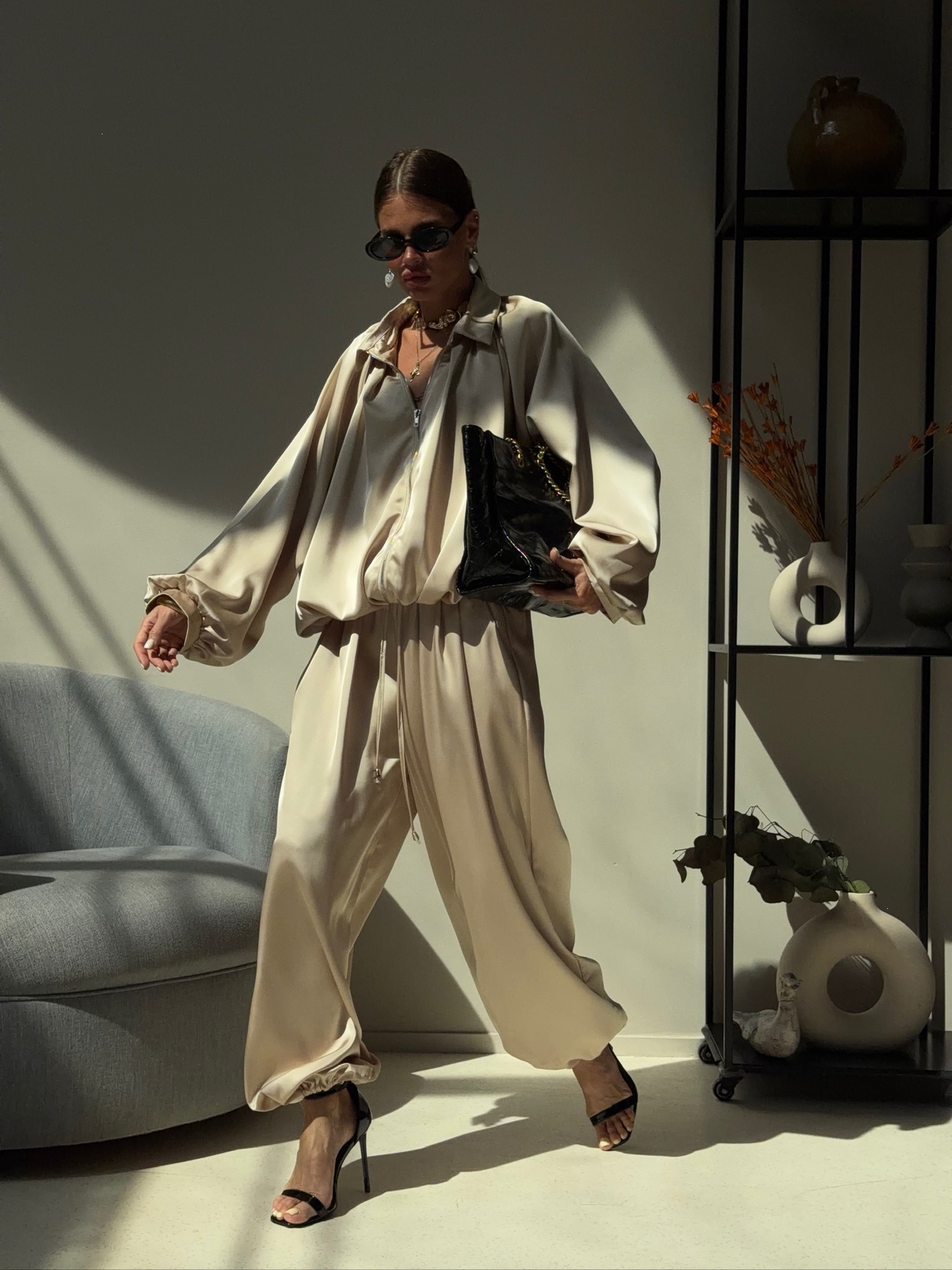 Acetate Satin Two-Piece Set with Collared Zip Top and Drawstring Jogger Pants