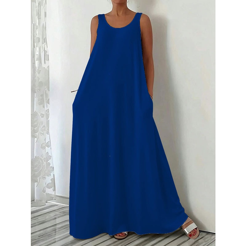 Women's Summer Sleeveless Solid Color Long Dress Casual Slim Fit