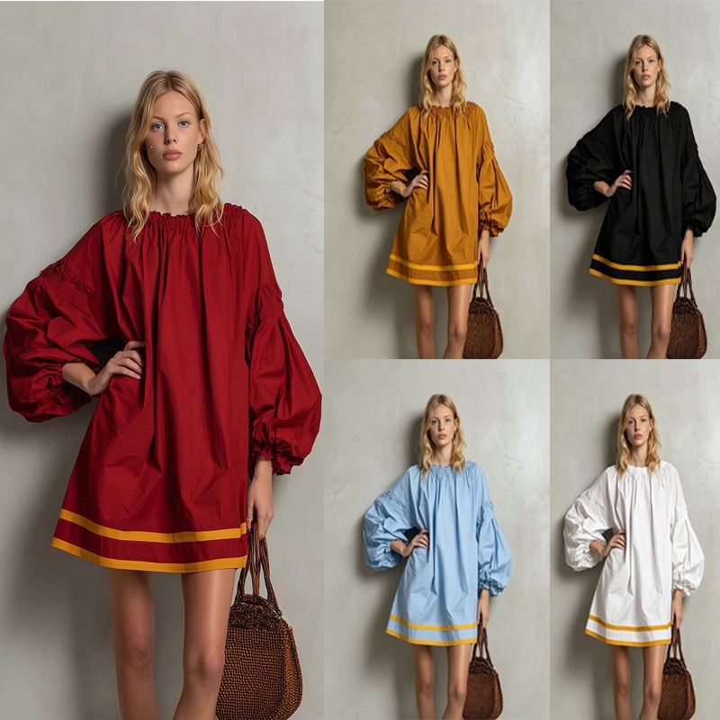 Women's Loose A-Line Dress with Round Neck, Puff Sleeves, and Colorblock Splicing
