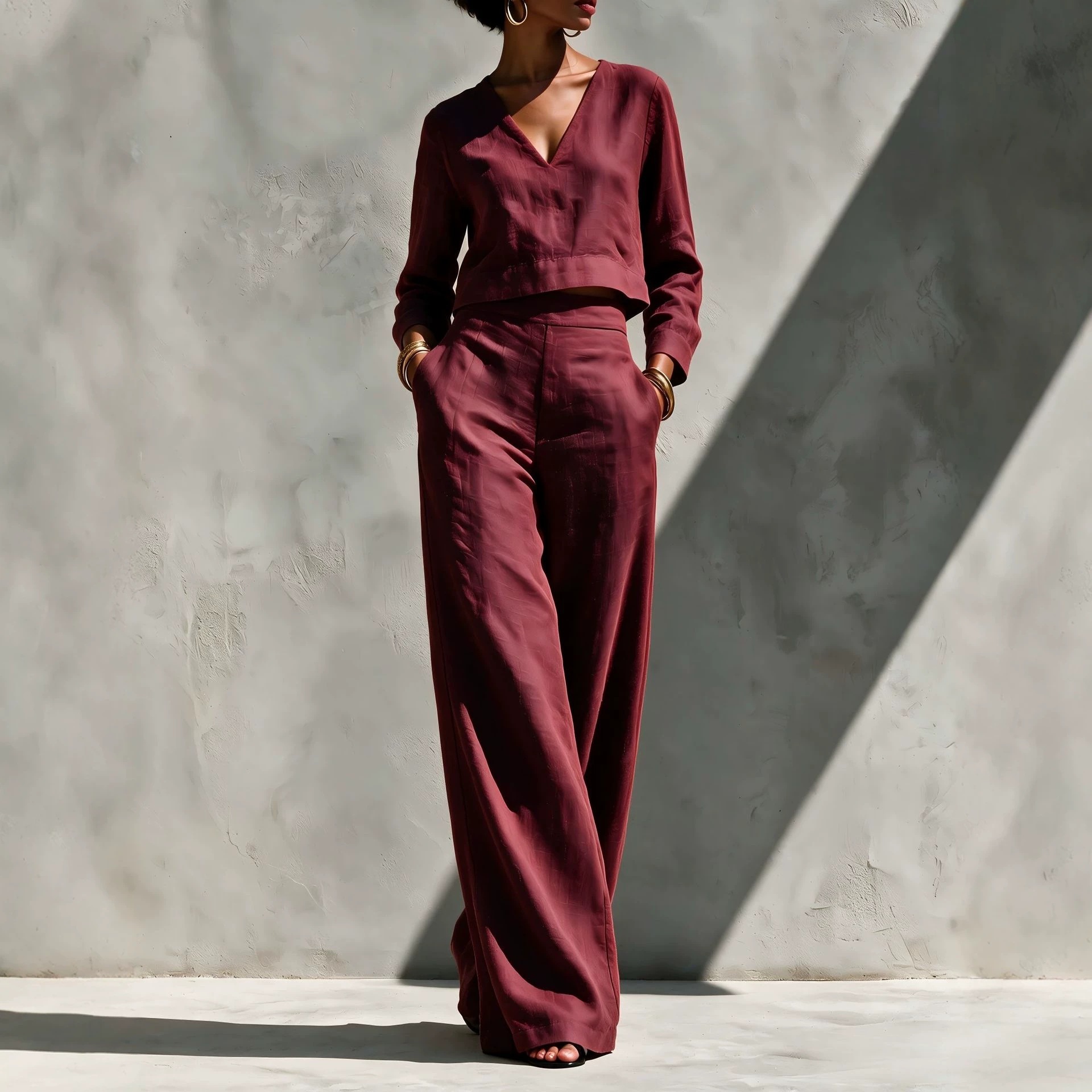 Women's Linen-Blend V-Neck Long-Sleeve Crop Top & High-Waist Wide-Leg Pants Set
