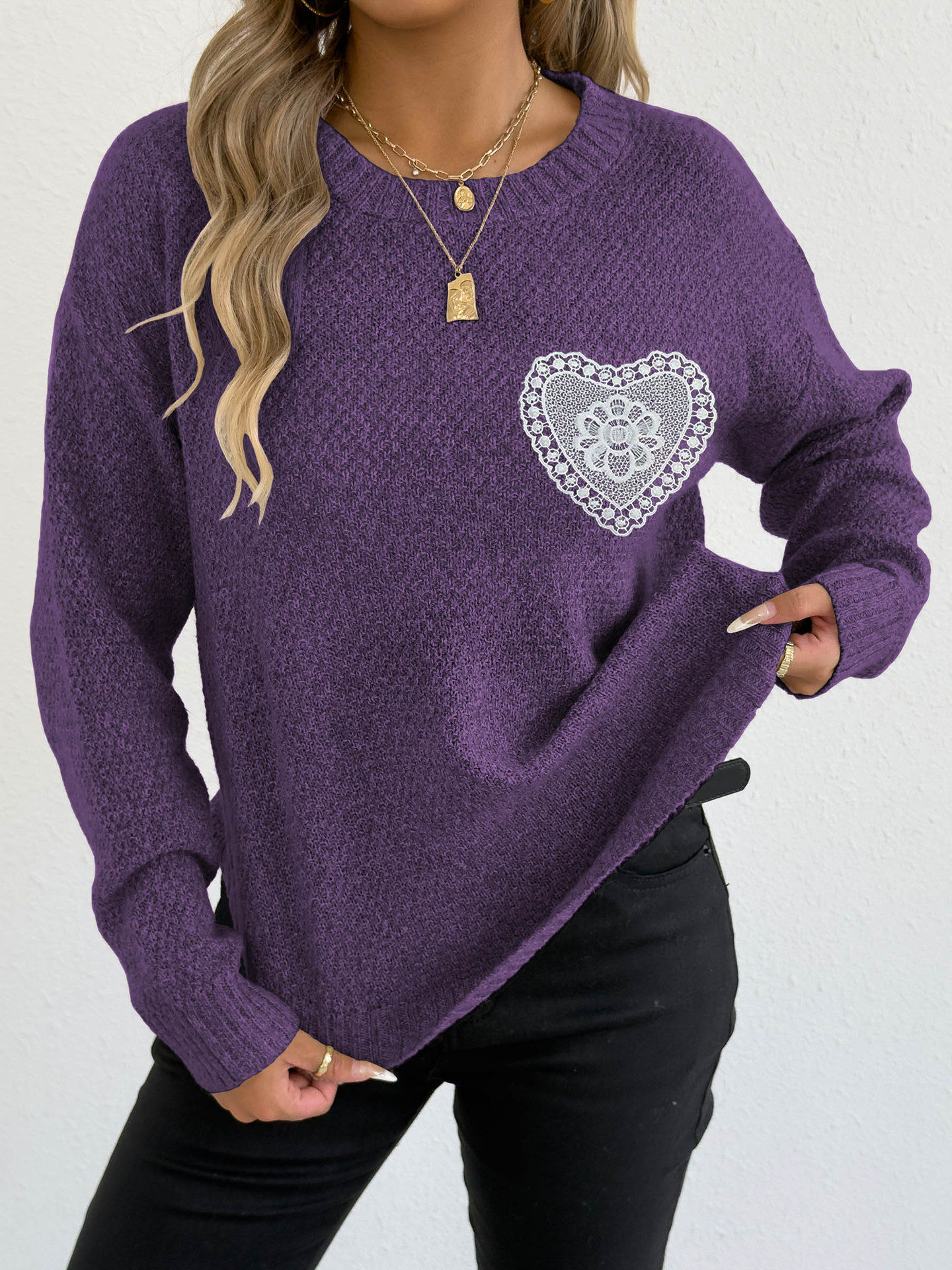 Women's Hollow Lace Pocket Faux Fur Knit Pullover Sweater Crew Neck
